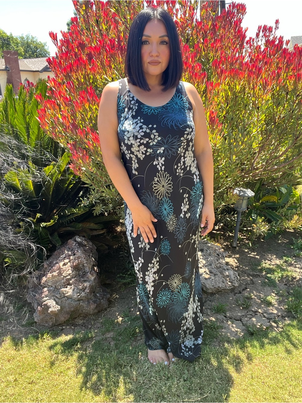 Sleeveless Y2K vintage silk Floral Bodycon Dress in Teal and Black
